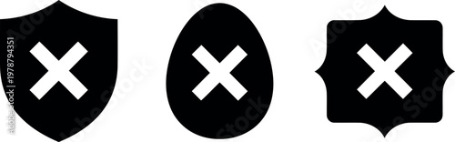 Black Cross Mark Icons Set on Shield, Egg, and Badge Shapes Isolated on White Background