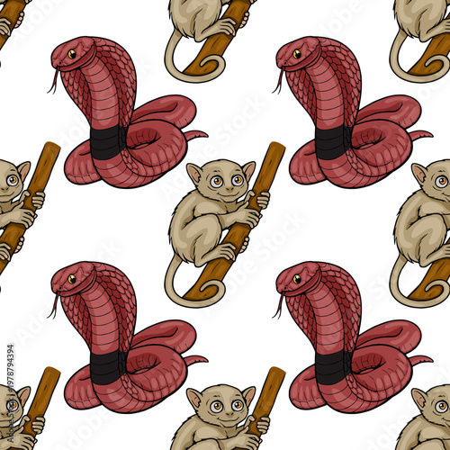 Seamless vector pattern of a curious tarsier and a striking cobra on branches