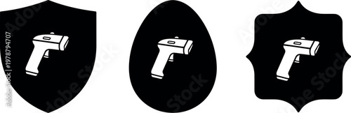 Black and white pistol icon set on shield, egg, and badge shapes for security and law enforcement design