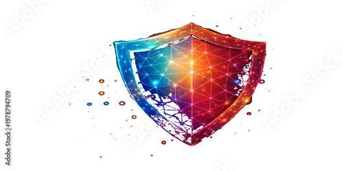 A vibrant, multifaceted shield represents digital security and protection, its complex design showcasing interconnected networks, security and safeguarding data.
