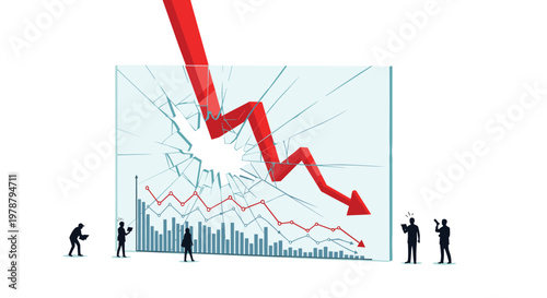 Dramatic financial illustration shows a massive red arrow shattering a glass pane with a declining stock market chart as small human silhouettes observe the crash.