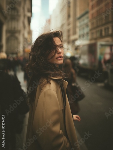 Cinematic street portrait of a woman walking through a city, soft focus and motion blur, moody urban atmosphere, natural beauty and modern lifestyle aesthetic.