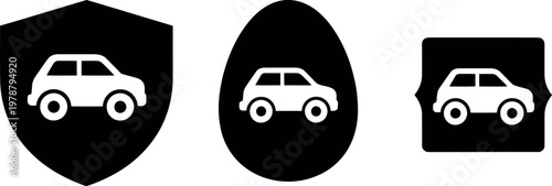 Car insurance protection icons set, black and white vehicle safety symbols, flat vector illustration