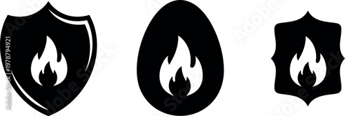 Black Fire Protection Icons Set – Shield, Egg, and Badge Silhouettes with Flame Symbol for Safety Design