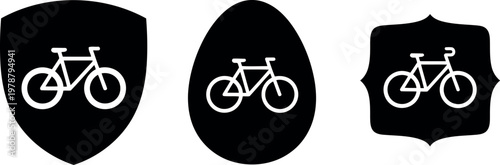 Set of black and white bicycle icons in shield, egg, and badge shapes for cycling and transportation design