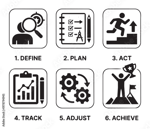 Business strategy icons define plan act track adjust achieve goals vector illustration.