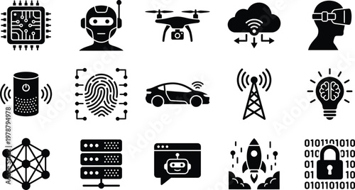 Black and white set of modern technology icons on white background for business and design use