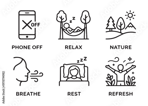 Relaxation vector icons showing phone off rest nature breathe refresh and hammock lifestyle theme.