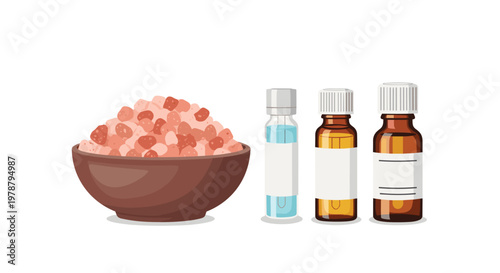 A rustic brown ceramic bowl overflowing with coarse pink Himalayan salt rests next to three glass essential oil bottles on a clean white surface.
