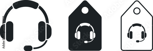 Customer support headset icon set with price tag symbols for call center and technical assistance