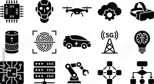 Black and white technology icons set including robots and machines  various modern tech symbols