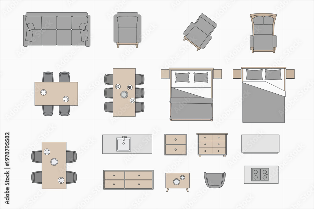 Fototapeta premium Floor plan furniture icons set top view including sofas tables beds and kitchen equipment for interior architecture layout.