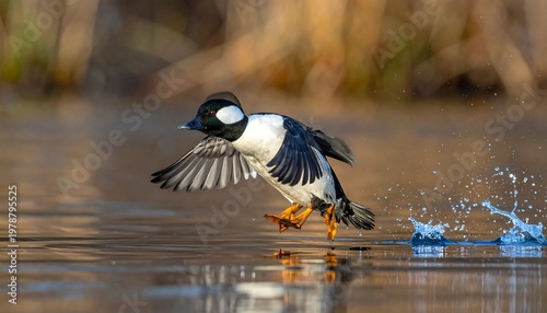 A vibrant shot of a waterfowl taking flight from a calm body of water. The bird is in focus, wings outstretched, creating a dynamic scene