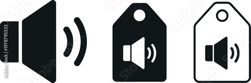 Audio speaker icon set with sound tag labels in black and white for web and app interface design
