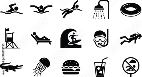 Black and white icons of beach and swimming related activities and objects in one frame
