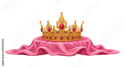 A stunning golden crown decorated with vibrant red rubies and fleur-de-lis motifs sits elegantly on a flowing pink satin fabric against a white backdrop.