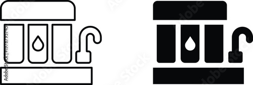 Water filtration system icons, reverse osmosis filter set with faucet, clean drinking water purification equipment, black and white vector symbols