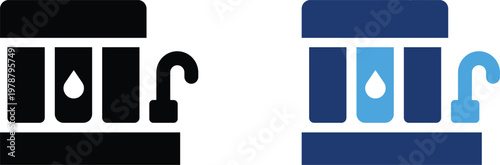 Water filtration system icons, reverse osmosis filter with faucet vector, household water purifier set for clean drinking water, blue and black flat symbols