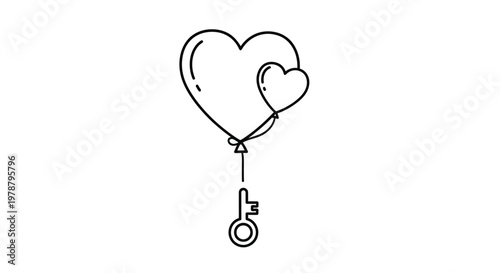 Bild auf Leinwand A simple black and white line drawing depicts a heart shaped balloon with a smal