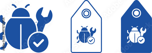 Blue bug fix icon set with wrench and checkmark for software maintenance and debugging labels