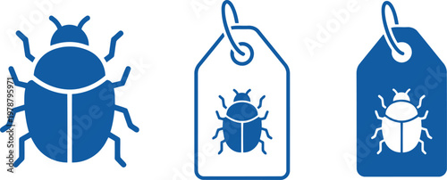 Blue Bug Icon Set with Price Tags Isolated on White Background for Pest Control and Software Concepts