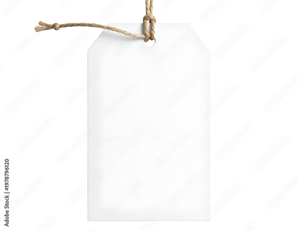 Fototapeta premium Blank white paper tag attached with twine string on white background