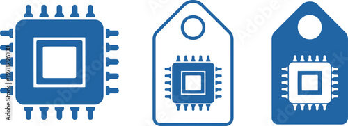 Blue microchip and RFID tag icons set for technology, electronics, and digital security design