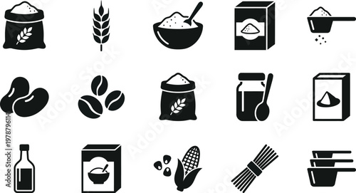 Black and white food and drink icons on white background