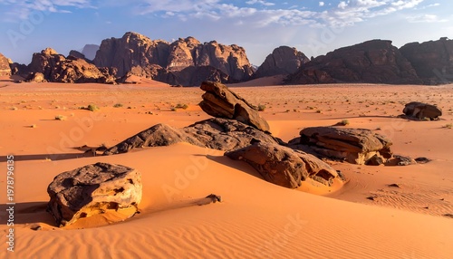 Vast desert landscape with layered rock formations under a cloudy sky. Sandy foreground leads to distant mountains