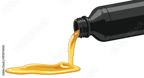 A detailed close-up view shows a black plastic bottle neck pouring a thick stream of translucent yellow lubricant onto a pristine white studio surface.