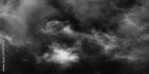 Abstract black and white smoke swirls like a dramatic stormy cloudscape against a dark nature background