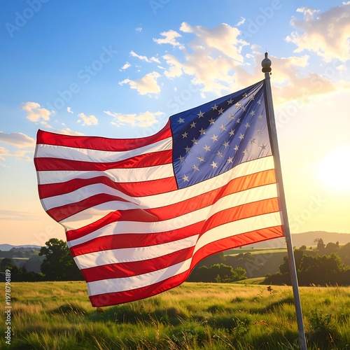 A vibrant shot of a waving flag of stars and stripes against a beautiful sunset over rolling green hills
