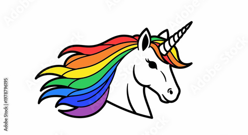A cartoon unicorn with a rainbow mane.