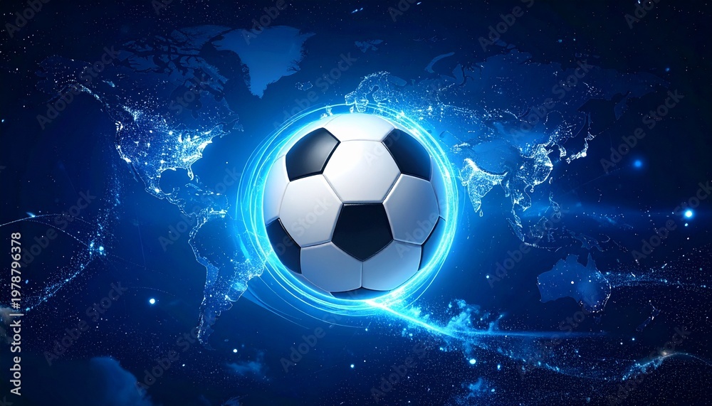 Naklejka premium A glowing soccer ball hovers above a world map at night with blue lights.