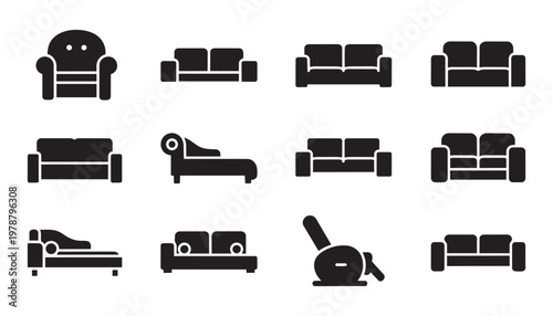 Furniture interior black icons, cozy elegant decor, comfortable seating arrangement, vector illustration.