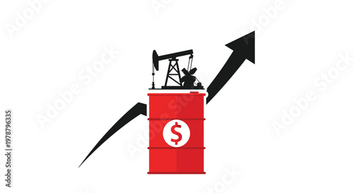 A bright red industrial oil barrel marked with a white dollar sign supports a black oil pump silhouette and a rising black arrow on a white background.