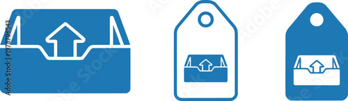 Blue upload icon set with inbox and tag symbols for digital interface and web applications