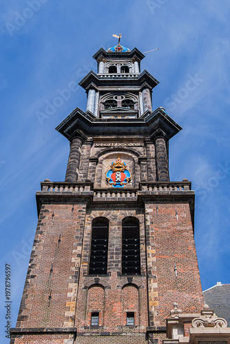 Renaissance style Western Church (Westerkerk, 1620 - 1631) - Dutch Protestant church. It stands on edge of Amsterdam’s Jordaan district, on Prinsengracht (Prince's Canal). Amsterdam, The Netherlands.