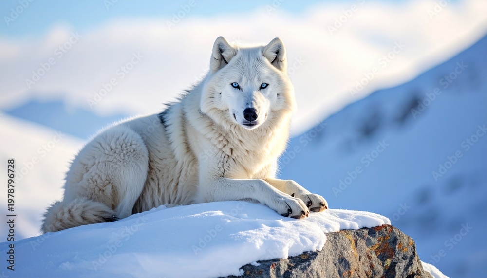 Fototapeta premium A wolf lies on a snowy rock in a mountainous landscape.