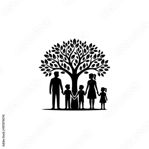 family under tree silhouette, black family icon