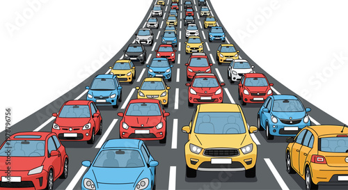 Numerous colorful modern vehicles are packed tightly together in multiple lanes of a gray highway during a heavy daytime traffic jam under bright clear light.