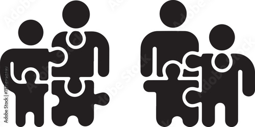 Abstract puzzle family icons set representing connection and uni. Silhouette  vector illustration with out background.