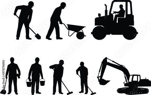 Black Construction Worker Silhouettes Set Featuring Professional Builders with Excavator Road Roller Wheelbarrow Shovel and Cleaning Tools for Industrial Engineering and Site Development Projects