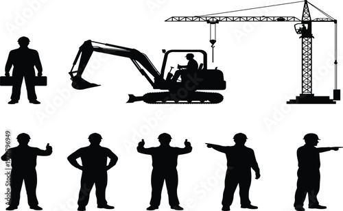 Black Construction Worker Silhouettes Set Featuring Professional Builders with Excavator Tower Crane and Gestures for Industrial Engineering Site Management and Urban Development Projects
