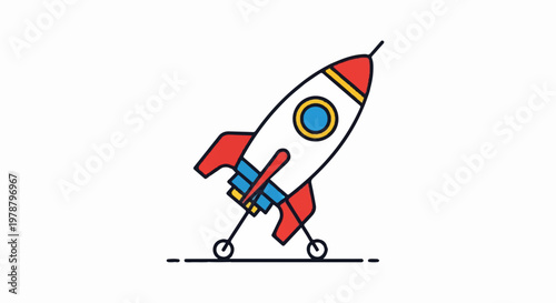 Colorful cartoon rocket ship with wheels on ground ready for launch symbolizing innovation and exploration in technology and space