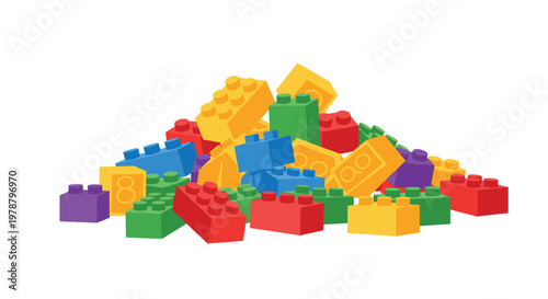A disorganized and vibrant pile of multi-colored plastic toy building bricks creates a playful and chaotic heap of various shapes on a white background.