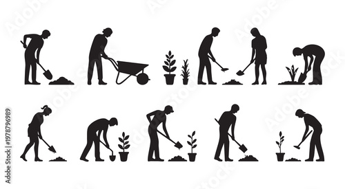 Professional gardeners collection featuring men and women using shovels wheelbarrows and plant pots