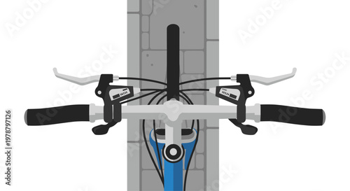 A meticulous top-down illustration of modern grey bicycle handlebars featuring black rubber grips and intricate brake levers over a stone path background.