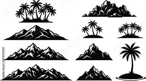Black and white silhouettes of mountains and palm trees on white background