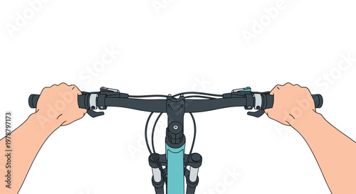 A vibrant first-person perspective illustration depicts two hands firmly gripping the black handlebars of a teal mountain bike against a white background.